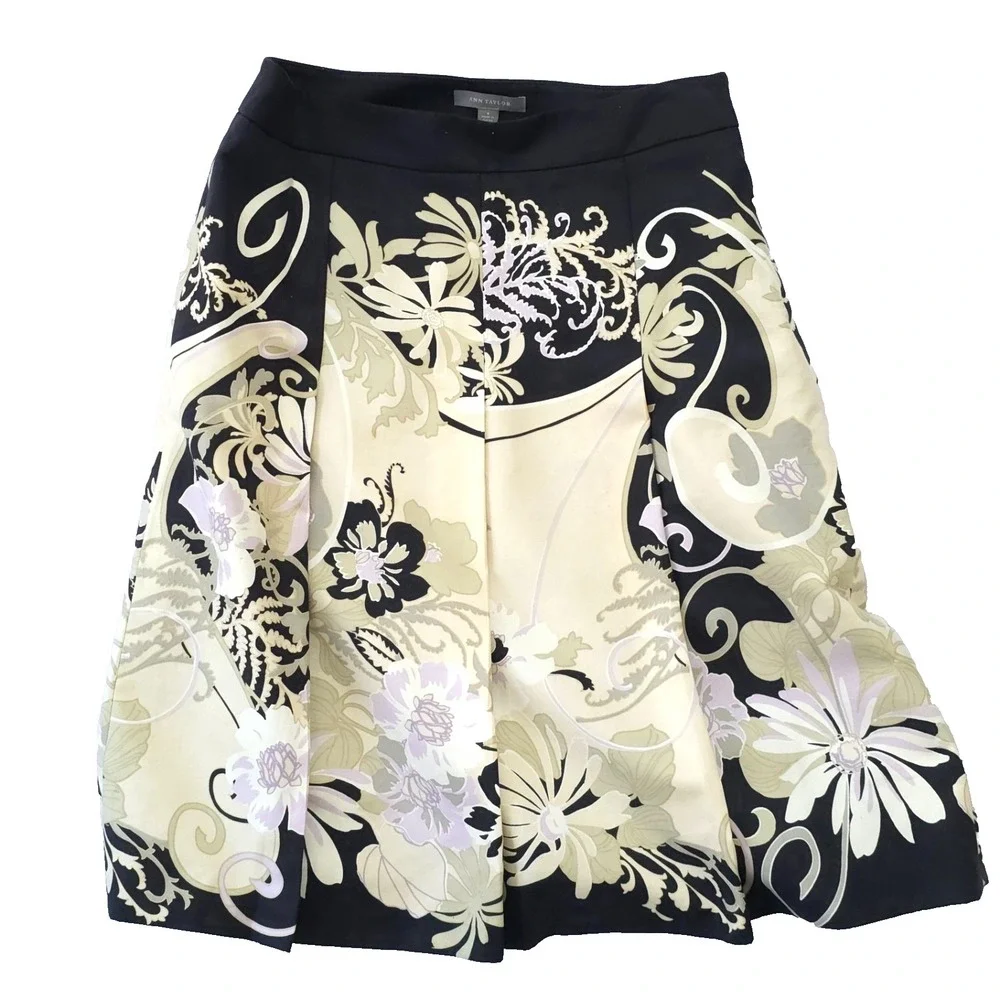Vintage Ann Taylor Floral Pleated A-Line Skirt Size 8 Cotton Silk Blend Lined